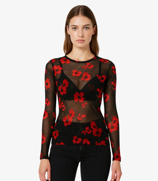 PRIMARK WOMEN FLORAL PRINT MESH TOP LONG SLEEVE
