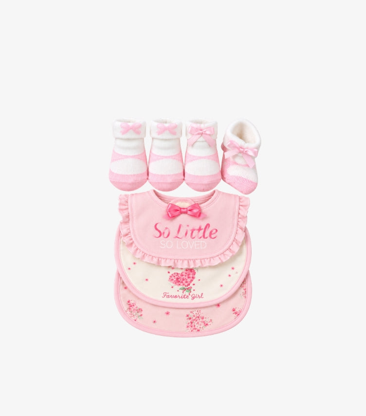 Paris Hilton Baby Girls 5-piece pink and white bib and booties set featuring three floral and bow-detail bibs with two pairs of matching baby booties.