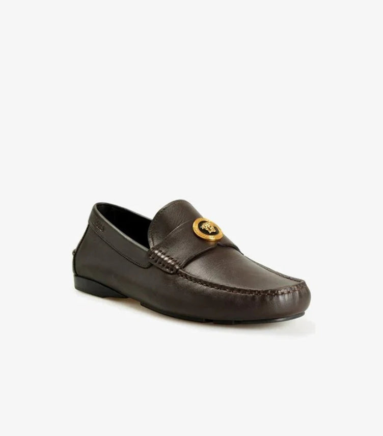 VERSACE MEN'S BROWN 100% LEATHER GOLD MEDUSA CAR SHOES LOAFERS SHOES