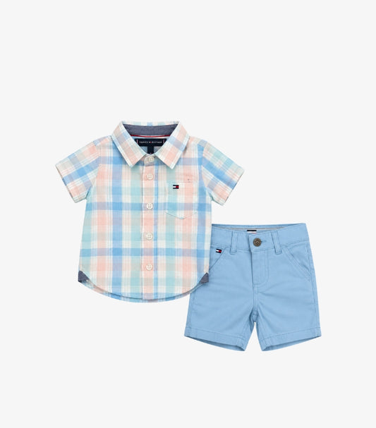 Tommy Hilfiger baby boys 2-piece outfit featuring a pastel blue, peach and white checked button-down shirt with matching light blue shorts.