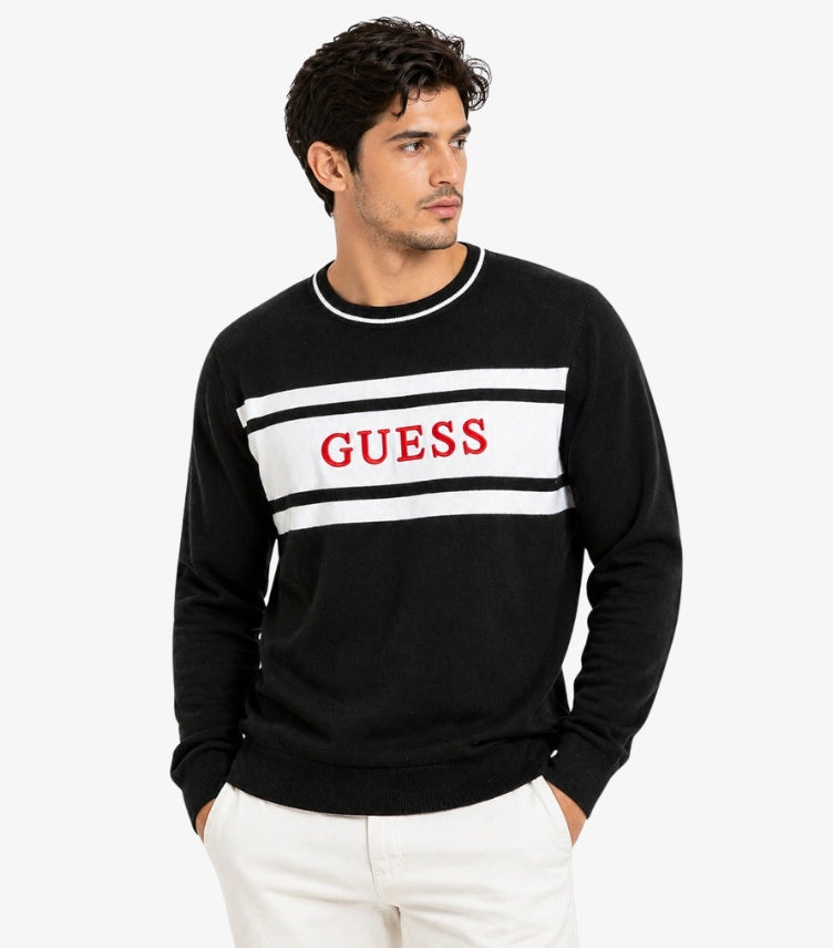 GUESS MEN’S LOGO STRIPE CREW NECK SWEATSHIRT – BLACK