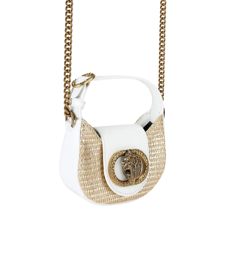 Angled view of Kurt Geiger Micro Chelsea beige rattan bag with bone trim, top handle and chain strap