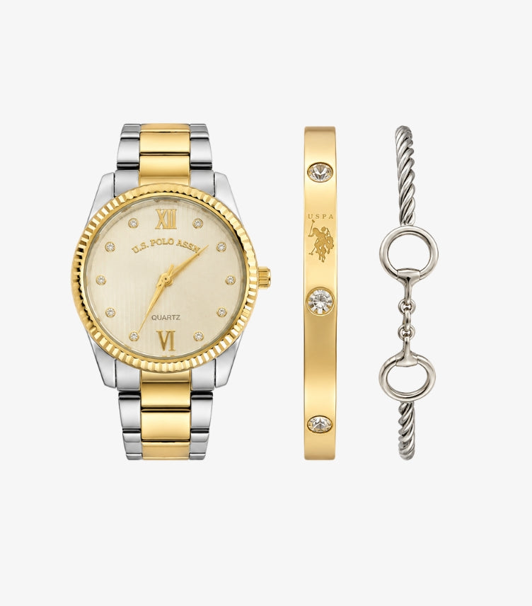 U.S. POLO ASSN. TWO TONE STAINLESS STEEL WATCH & BRACELET SET