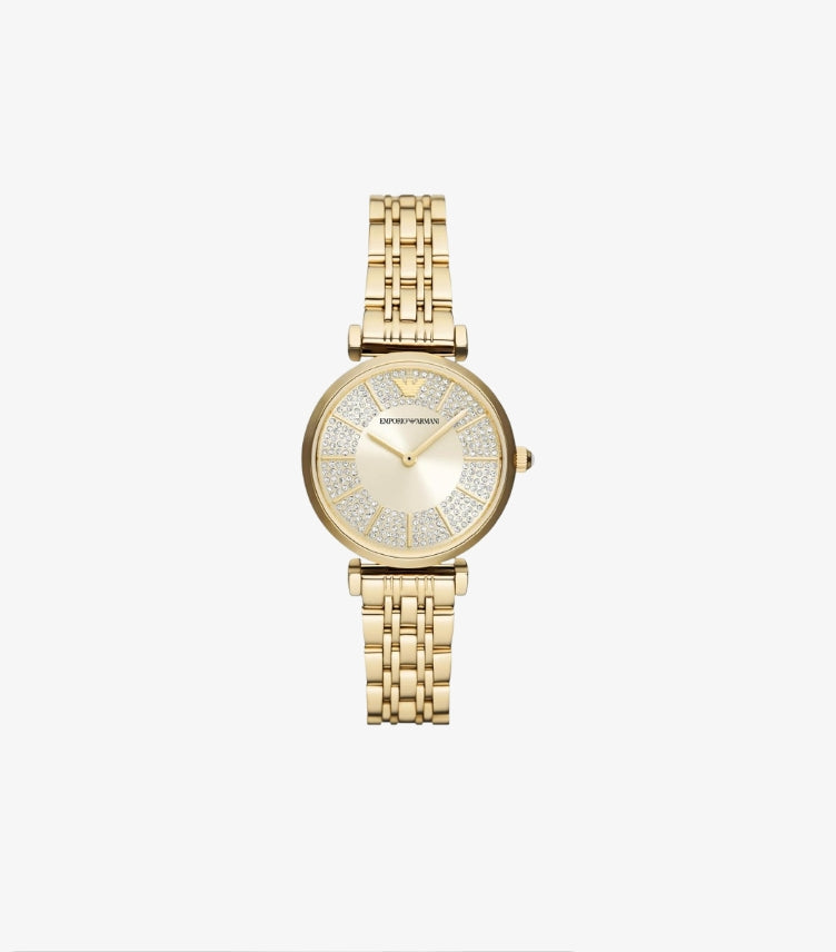 EMPORIO ARMANI TWO-HAND GOLD-TONE STAINLESS STEEL WATCH AR11608