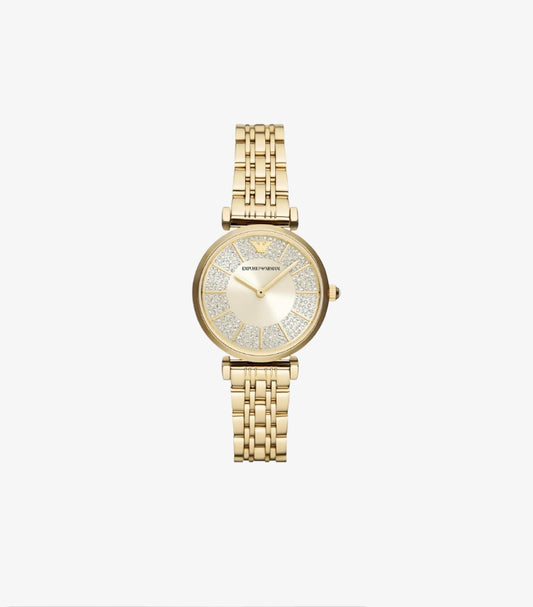 EMPORIO ARMANI TWO-HAND GOLD-TONE STAINLESS STEEL WATCH AR11608