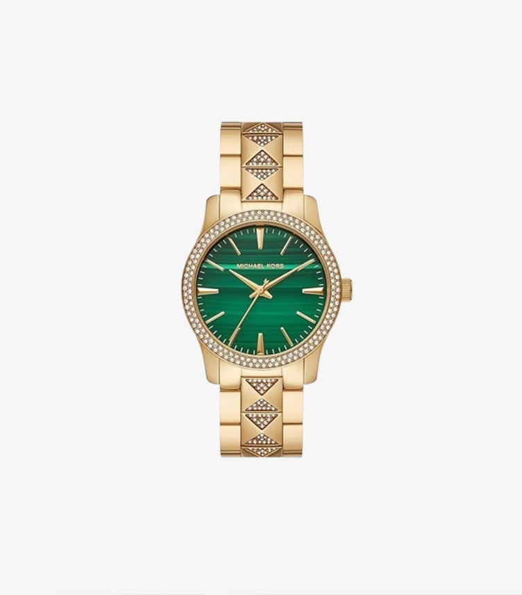 MICHAEL KORS RUNWAY PAVÉ GOLD-TONE AND MALACHITE WATCH MK7390