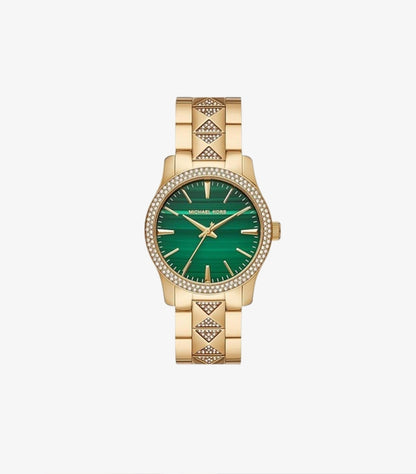 MICHAEL KORS RUNWAY PAVÉ GOLD-TONE AND MALACHITE WATCH MK7390