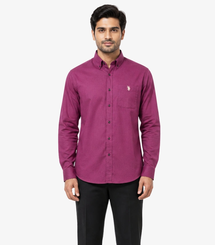 U.S. Polo Assn. men's maroon long sleeve Oxford button-down shirt with embroidered chest logo and front pocket.