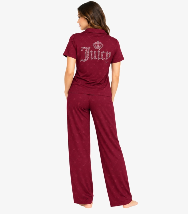 Juicy Couture women's pyjama set back view with embellished Juicy lettering, crown logo and wide-leg trousers