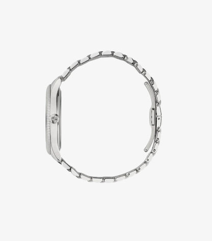 Gucci G-Timeless YA1264153 Women's Silver Stainless Steel Watch – Side Profile View Showing Fluted Coin-Edge Bezel, Push-Pull Crown, Five-Row Link Bracelet and Fold-Over Deployant Clasp
