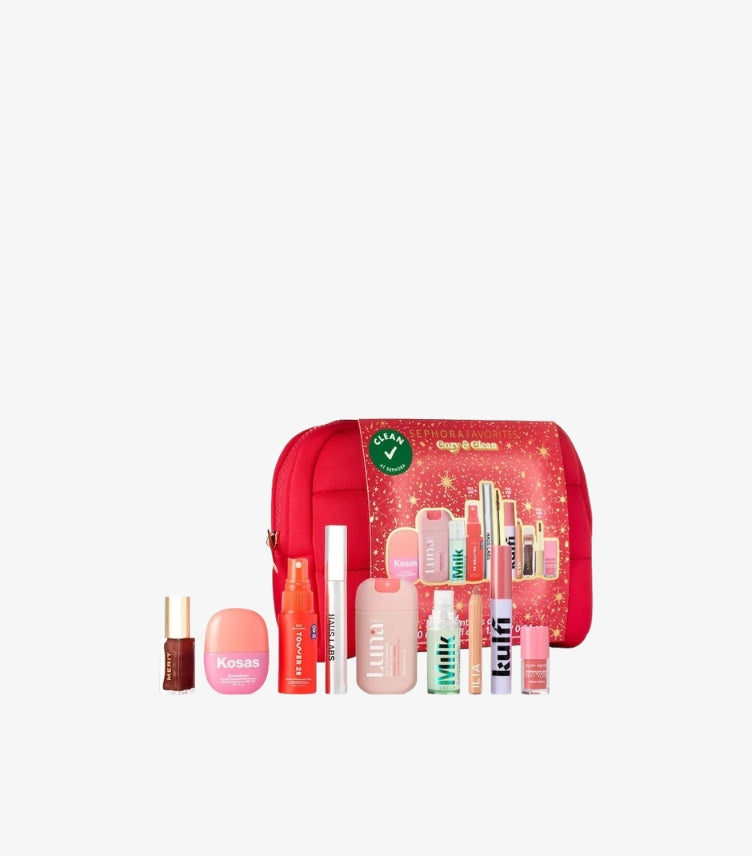 Sephora Favorites Cozy & Clean nine-piece makeup value set in red cosmetic bag