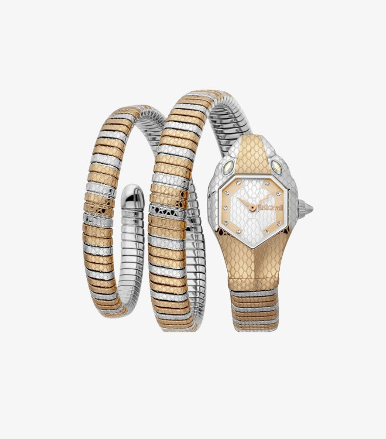 JUST CAVALLI GLAM CHIC SNAKE SILVER-TONE DIAL WATCH. JC1L168M0085