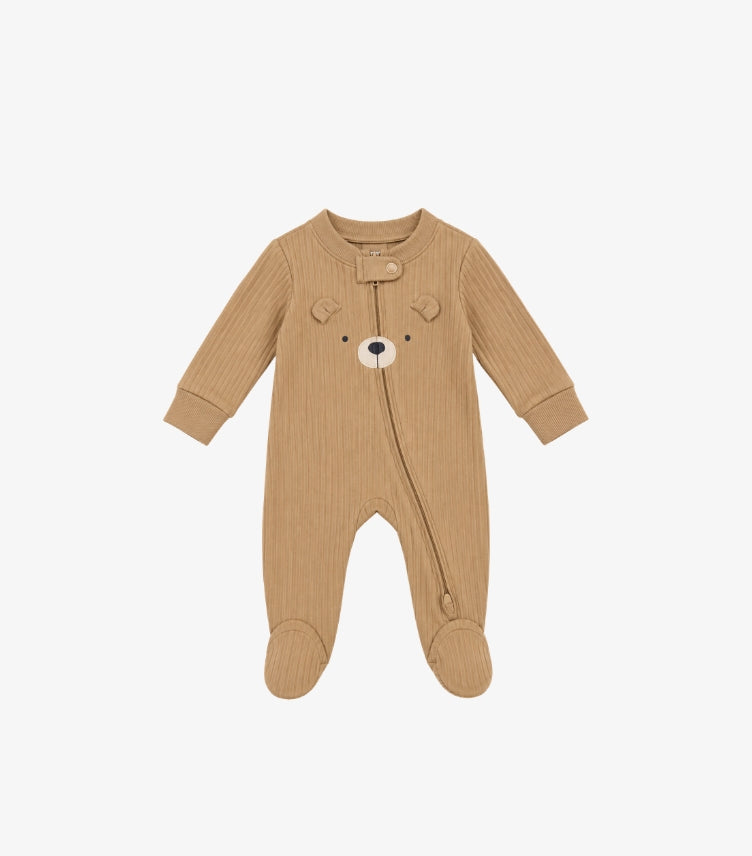 Carter's baby beige ribbed footed sleepsuit featuring cute bear face design, 3D ears, long sleeves and diagonal zip closure.