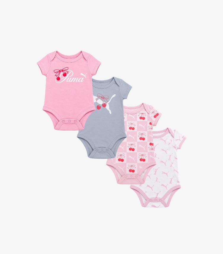 PUMA baby girls' 4-pack short sleeve bodysuits in pink, grey and white featuring cherry graphics, PUMA logo prints and snap closures.
