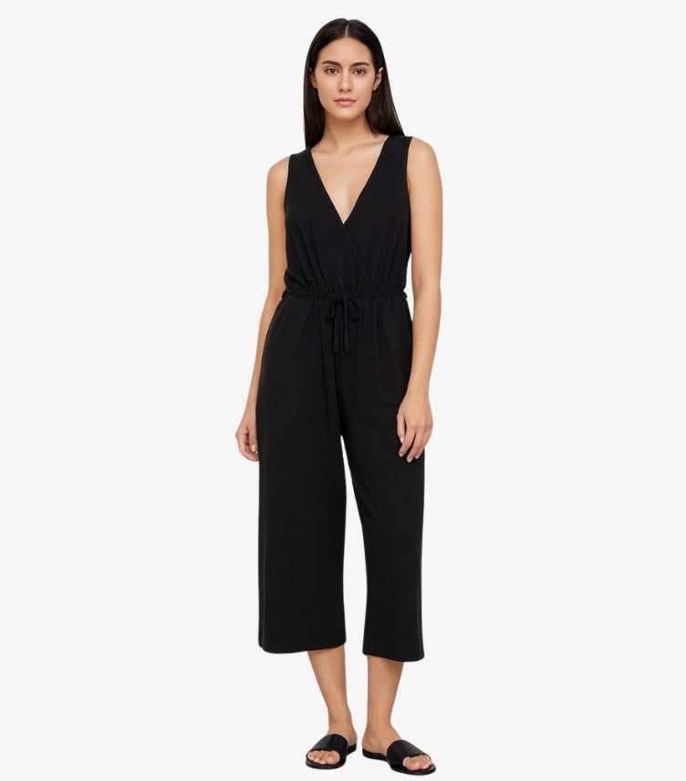 SHEIN BLACK V-NECK SLEEVELESS WIDE LEG CROPPED JUMPSUIT