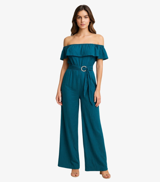 SHEIN OFF THE SHOULDER WIDE LEG BELTED JUMPSUIT