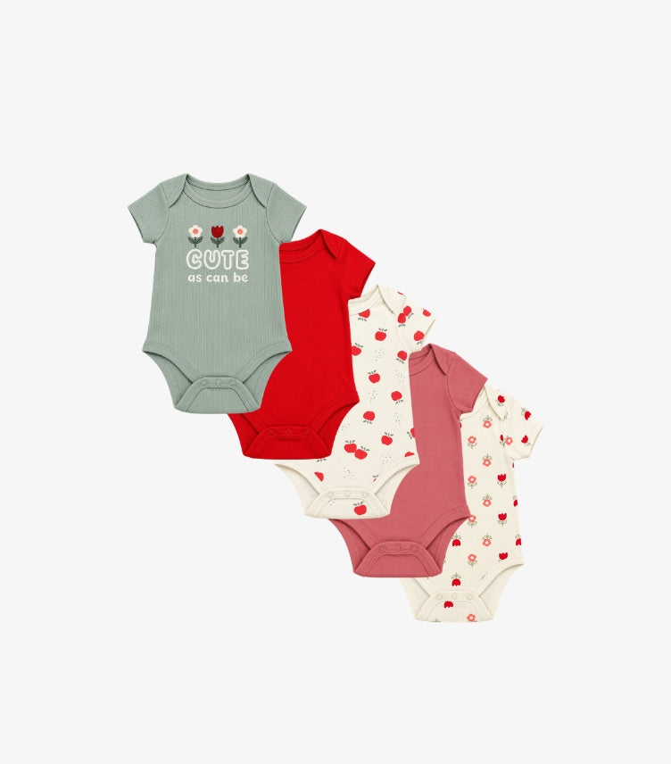 Dreamgro baby girls' 5-pack short sleeve bodysuits in sage green, red, cream and dusty pink featuring apple prints, floral graphics and Cute as Can Be design.