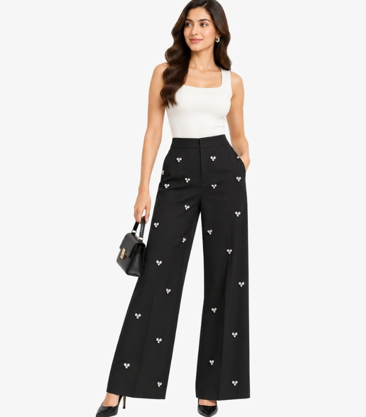 M&S women’s black high-waist wide-leg trousers with all-over decorative embellishments
