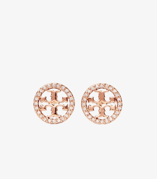 Front view of Tory Burch rose gold-tone round Miller stud earrings with Double T logos and clear crystal borders