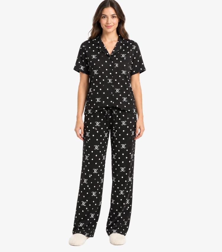 Front view of Juicy Couture monogram polka-dot pajama set with short-sleeve button-up shirt and drawstring trousers