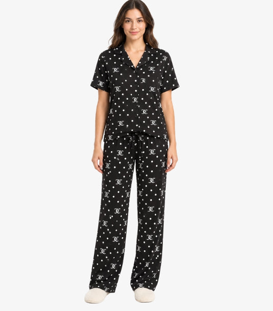 Front view of Juicy Couture monogram polka-dot pajama set with short-sleeve button-up shirt and drawstring trousers