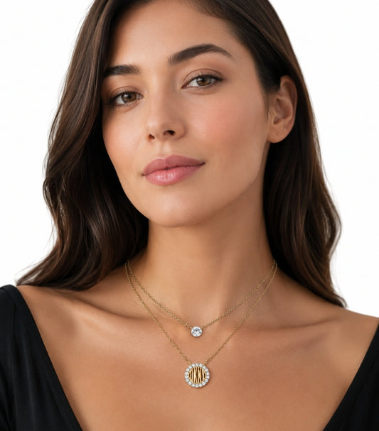 DKNY GOLD TONE DOUBLE LAYER CRYSTAL PENDANT NECKLACE