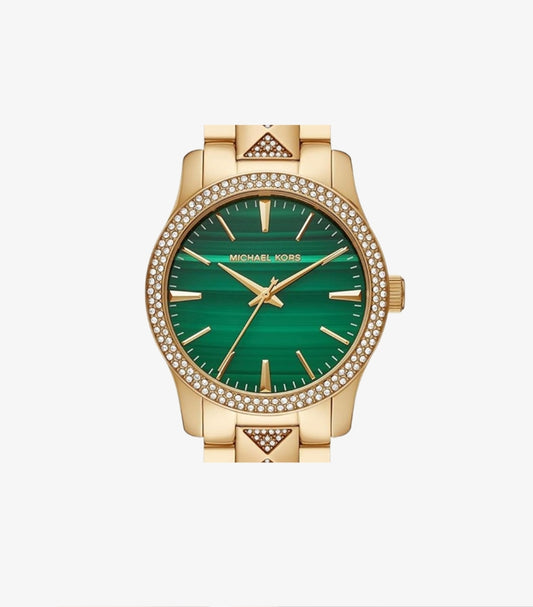 MICHAEL KORS RUNWAY PAVÉ GOLD-TONE AND MALACHITE WATCH MK7390