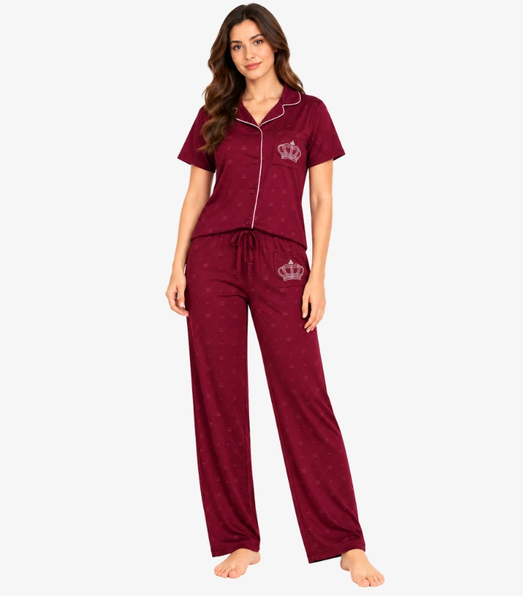 Juicy Couture women's button-down pyjama set featuring sparkling crown logo, contrast piping and drawstring trousers