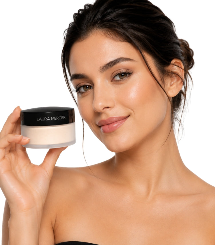 Female model holding Laura Mercier Translucent Loose Setting Powder 29g jar