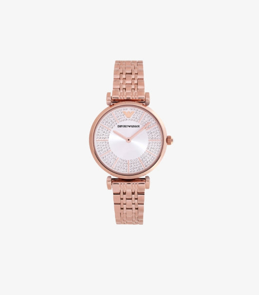 EMPORIO ARMANI TWO-HAND ROSE GOLD-TONE STAINLESS STEEL WATCH AR11446