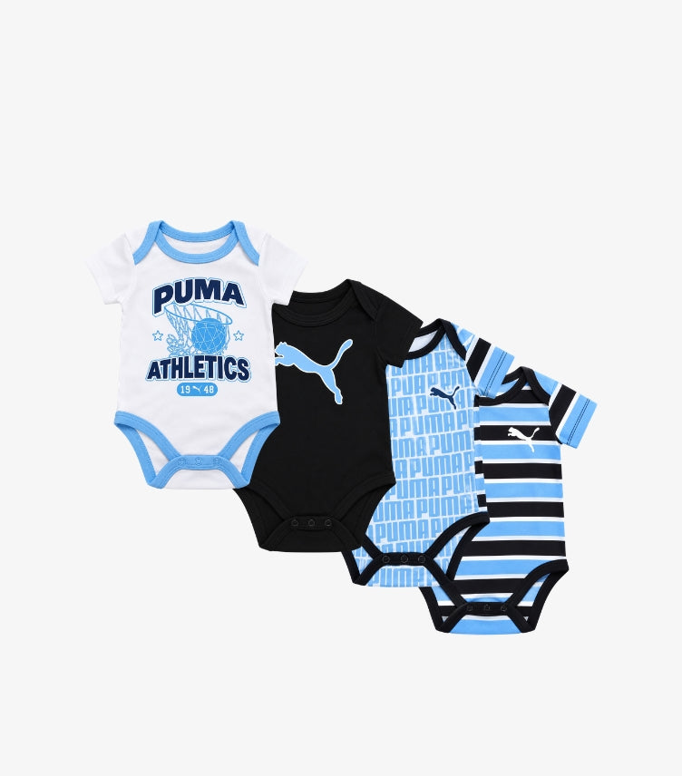PUMA baby boys 4-pack short sleeve bodysuits featuring white athletics graphic, black logo, blue PUMA print and blue black white striped designs.