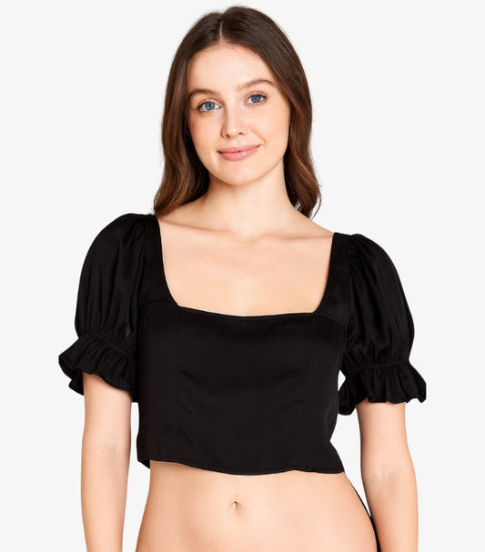 H&M BLACK SQUARE NECK PUFF SLEEVE CROP TOP