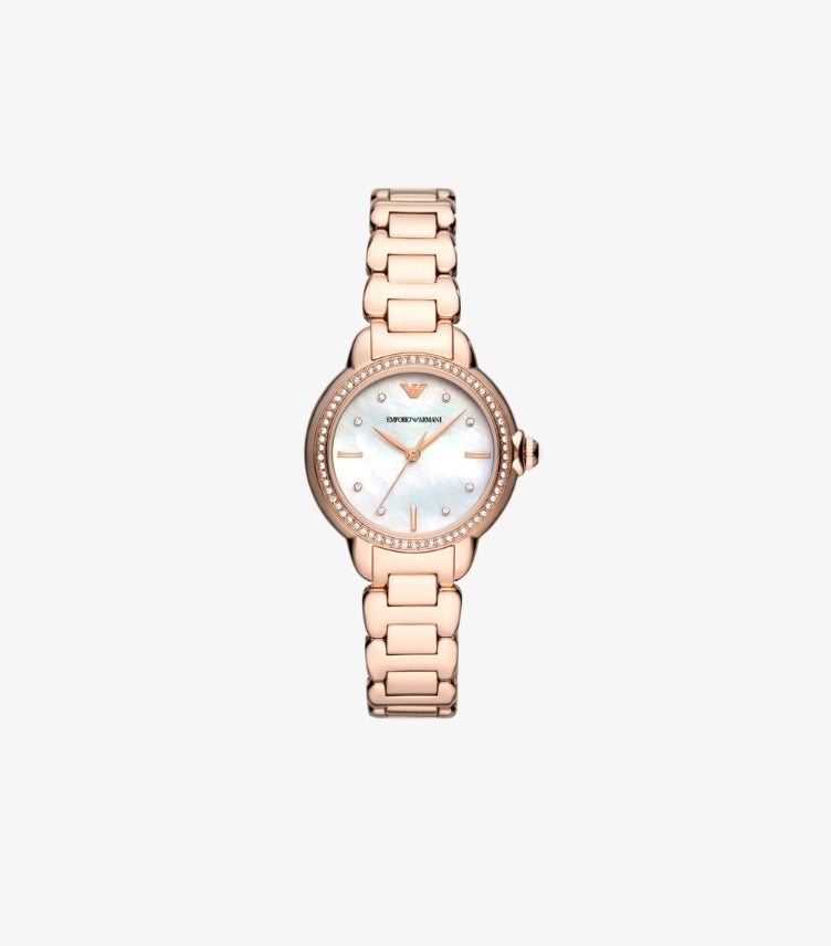 EMPORIO ARMANI THREE-HAND ROSE GOLD-TONE STAINLESS STEEL WATCH AR11523