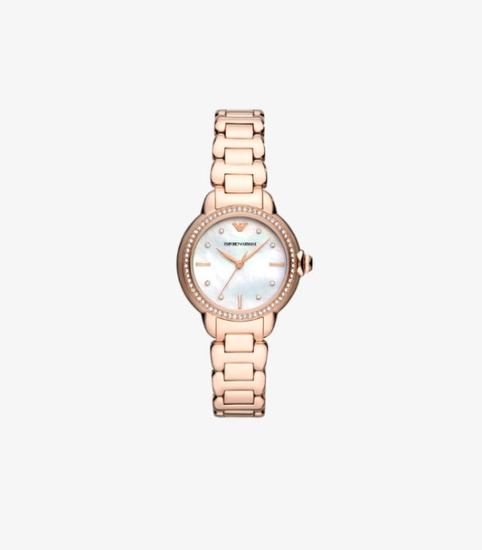 EMPORIO ARMANI THREE-HAND ROSE GOLD-TONE STAINLESS STEEL WATCH AR11523