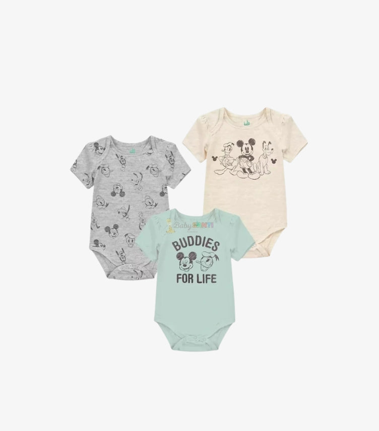 Disney Baby Mickey Mouse and Friends 3-pack short sleeve bodysuits featuring mint green Buddies for Life print, grey character pattern and cream Mickey, Donald Duck and Pluto design.