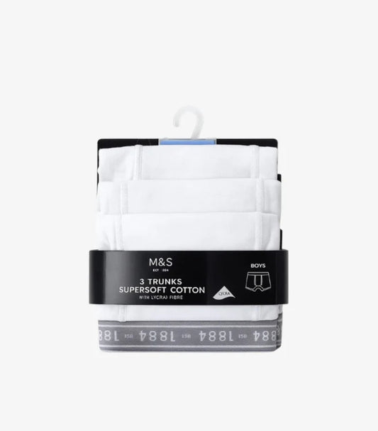 M&S BOYS 3-PACK SUPERSOFT COTTON WITH LYCRA TRUNKS