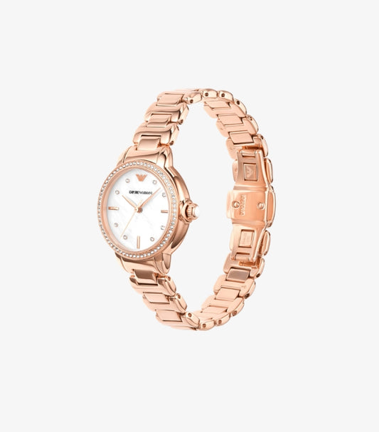 EMPORIO ARMANI THREE-HAND ROSE GOLD-TONE STAINLESS STEEL WATCH AR11523