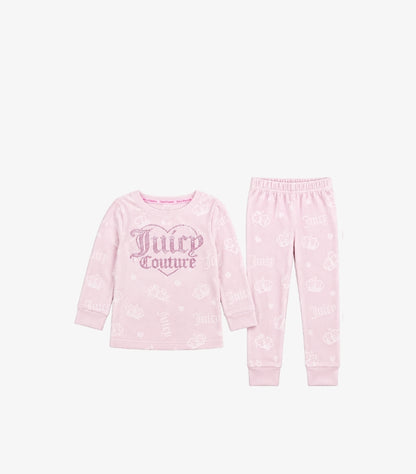 Juicy Couture girls long sleeve top and matching joggers set featuring sparkling front logo, all-over crown and Juicy lettering print with ribbed cuffs.