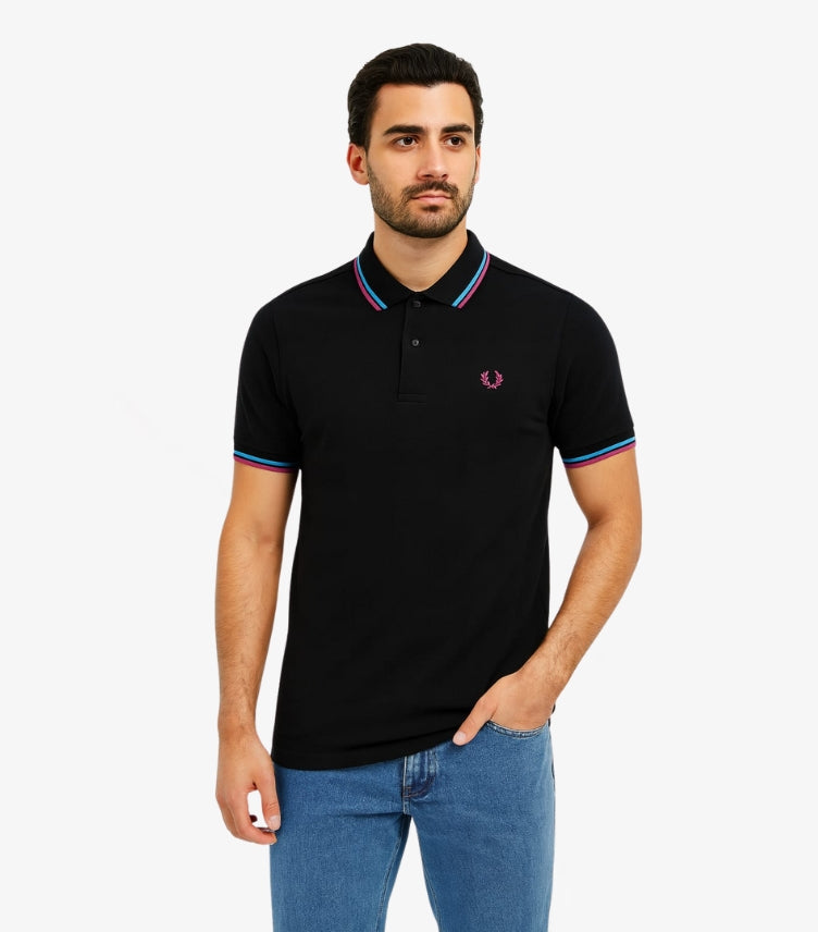 FRED PERRY TWIN TIPPED POLO SHIRT IN BLACK WITH COURT BLUE & DARK PINK TIPPING
