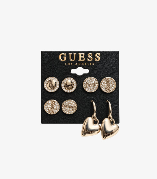 Guess four-pair gold-tone earring set with crystal logo studs and heart-shaped drop hoops