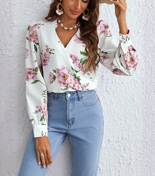 SHEIN FLORAL PRINT LANTERN SLEEVE CROP BLOUSE