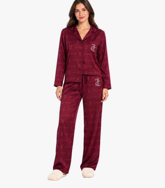 Front view of Juicy Couture women’s logo print pajama set with long-sleeve button-up shirt, drawstring trousers and sparkling JC details
