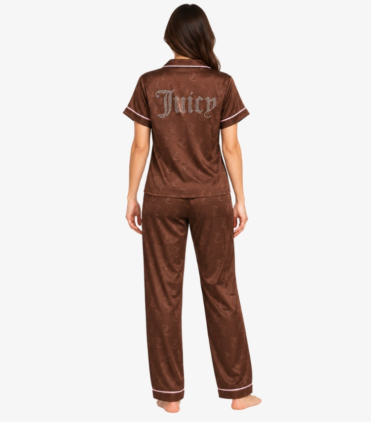 Juicy Couture Women's Brown Satin Pajama Set featuring an all-over monogram pattern, large decorative Juicy back logo and pink piping, shown from the back.
