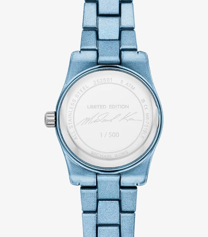 Close-up of Michael Kors limited-edition watch case back with stainless-steel engraving and 5 ATM marking