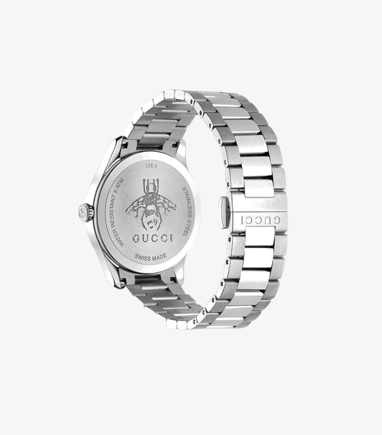 Gucci G-Timeless YA1264136 Watch Caseback Showing Engraved Bee Motif, GUCCI Swiss Made Water Resistant 5 ATM Stainless Steel Inscription and GUCCI Engraved Bracelet Clasp – Rear Angled View