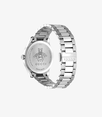 Gucci G-Timeless YA1264136 Watch Caseback Showing Engraved Bee Motif, GUCCI Swiss Made Water Resistant 5 ATM Stainless Steel Inscription and GUCCI Engraved Bracelet Clasp – Rear Angled View