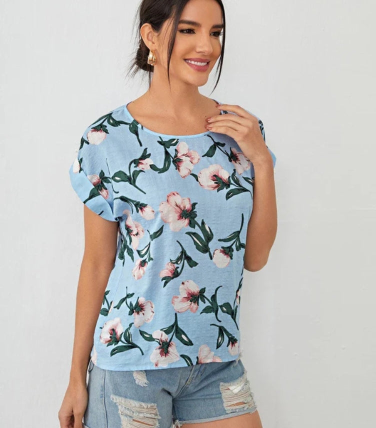 SHEIN WOMEN'S ROLLED CUFF FLORAL PRINT TOP