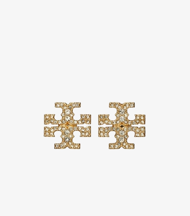 Front view of Tory Burch gold-tone Double T stud earrings embellished with clear crystal-style stones