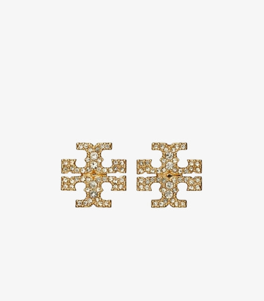 Front view of Tory Burch gold-tone Double T stud earrings embellished with clear crystal-style stones