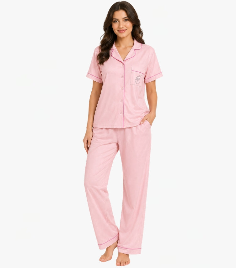 JUICY COUTURE WOMEN'S PINK PAJAMA SET | BUTTON-DOWN SHORT SLEEVE TOP & PANTS WITH RHINESTONE LOGO